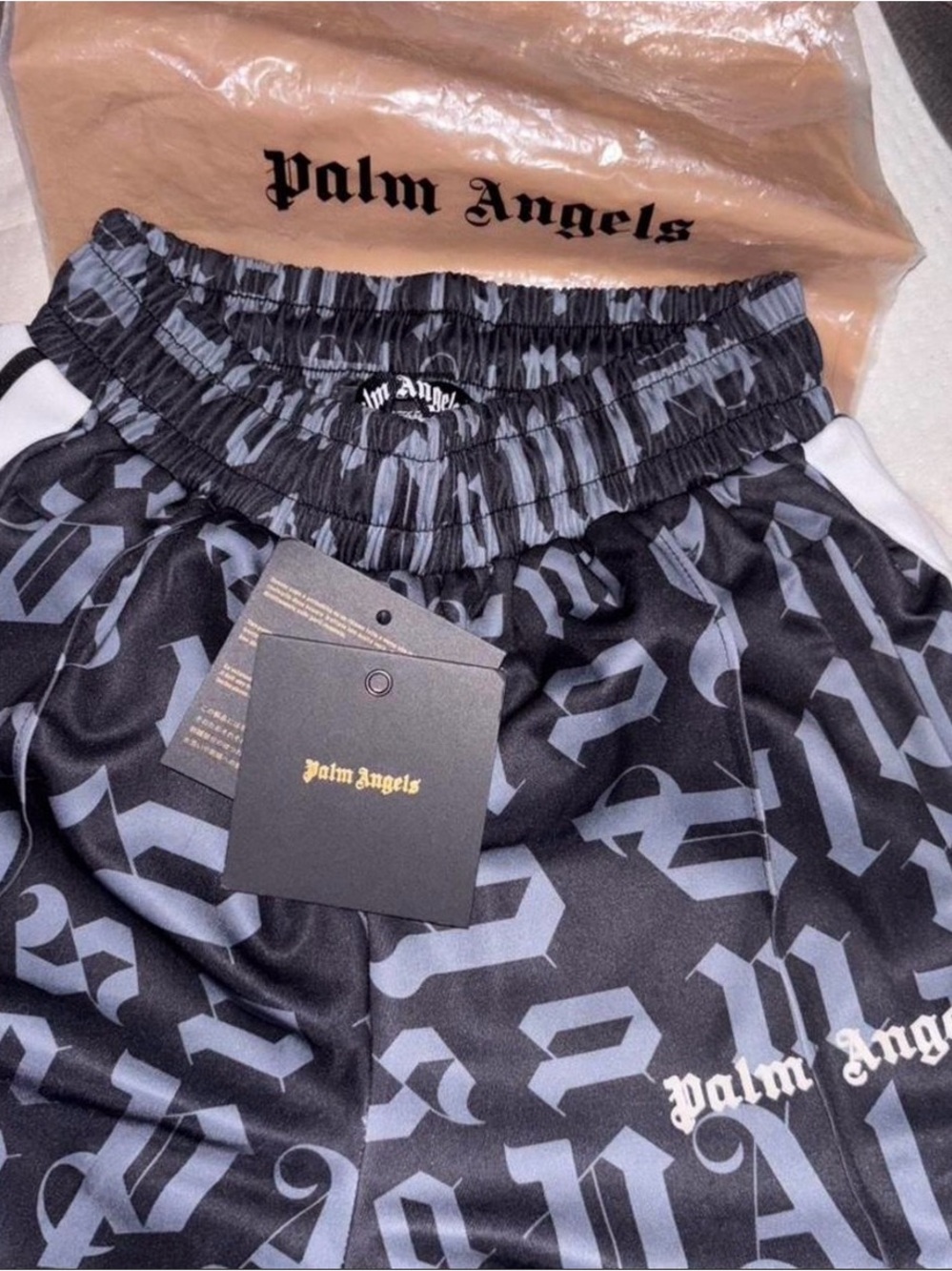 Palm Angels Black and Grey All-Over Logo Shorts